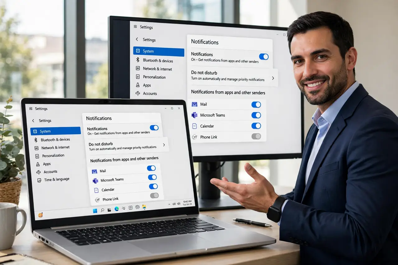 A confident man presenting with a Windows laptop connected to a screen, Notifications settings open.
