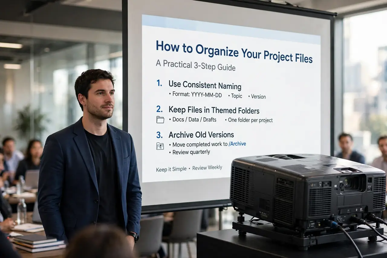a person standing confidently beside a real projector screen showing a presentation slide legibly, a small audience blurred in the background, the person's f...