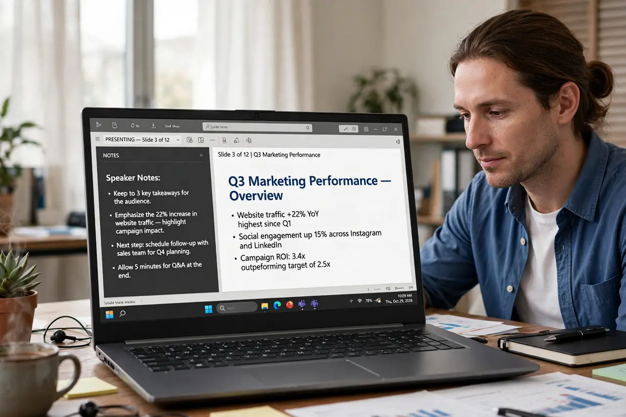 a calm adult at a desk with a real Windows laptop showing presenter view on the real screen, speaker notes clearly legible on one side and the current slide bes