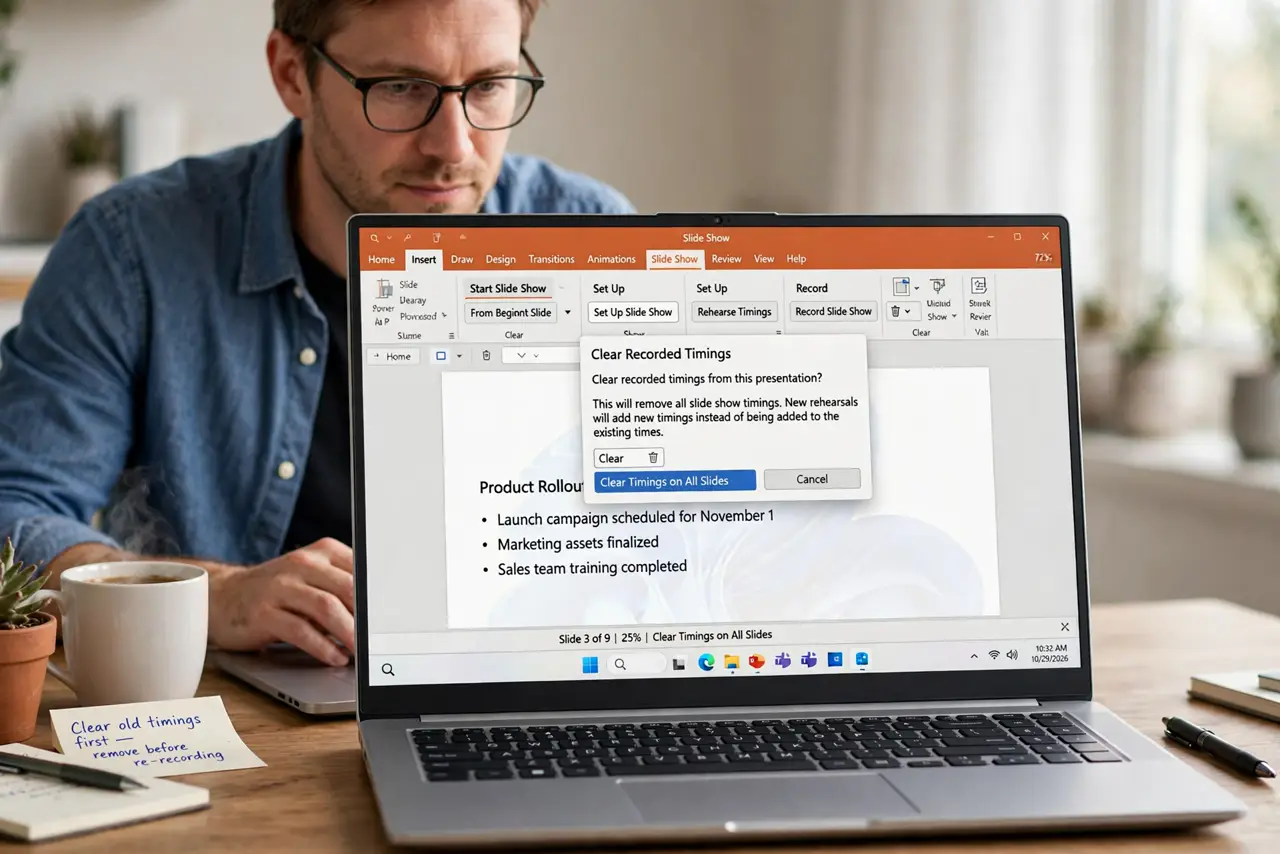 A person performing step 1 of the guide: Clear the old timings first. Open the slideshow settings and clear or remove the recorded timings. New rehearsals add to old numbers...