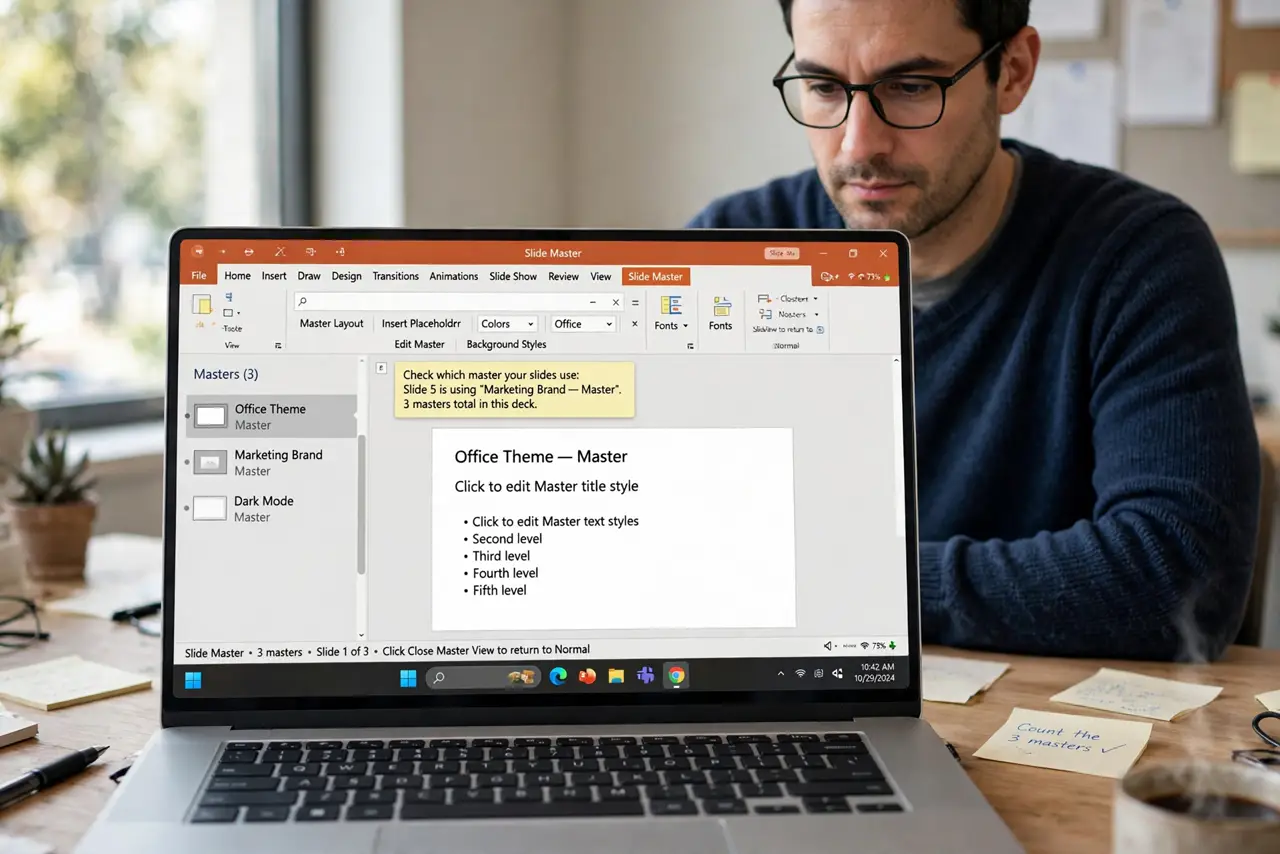 A person performing step 1 of the guide: Check which master your slides use. Open the master view and count the masters. Decks can hold several, and your slides may follow a...