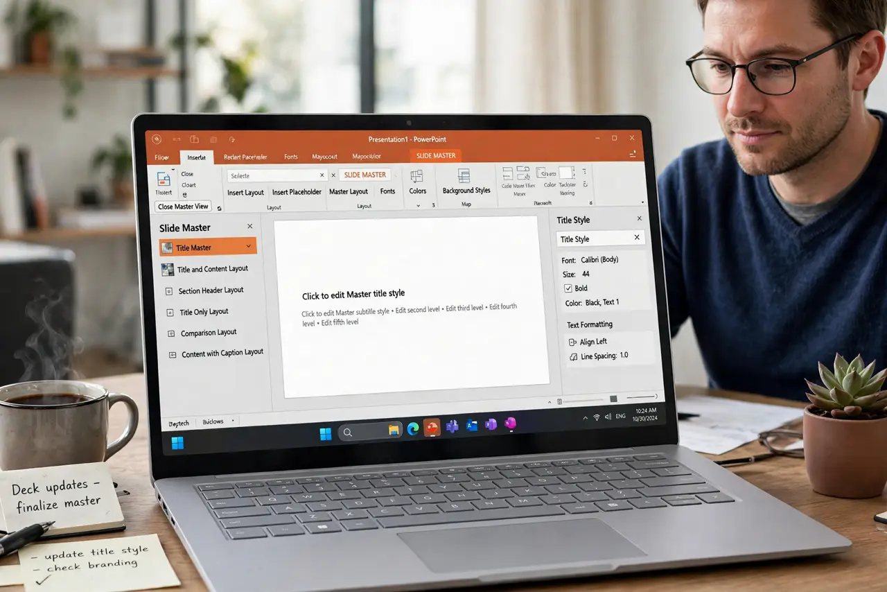 a calm adult at a desk with a real Windows laptop, a presentation open in slide master view showing normal master layouts with legible text, the person editing a title style