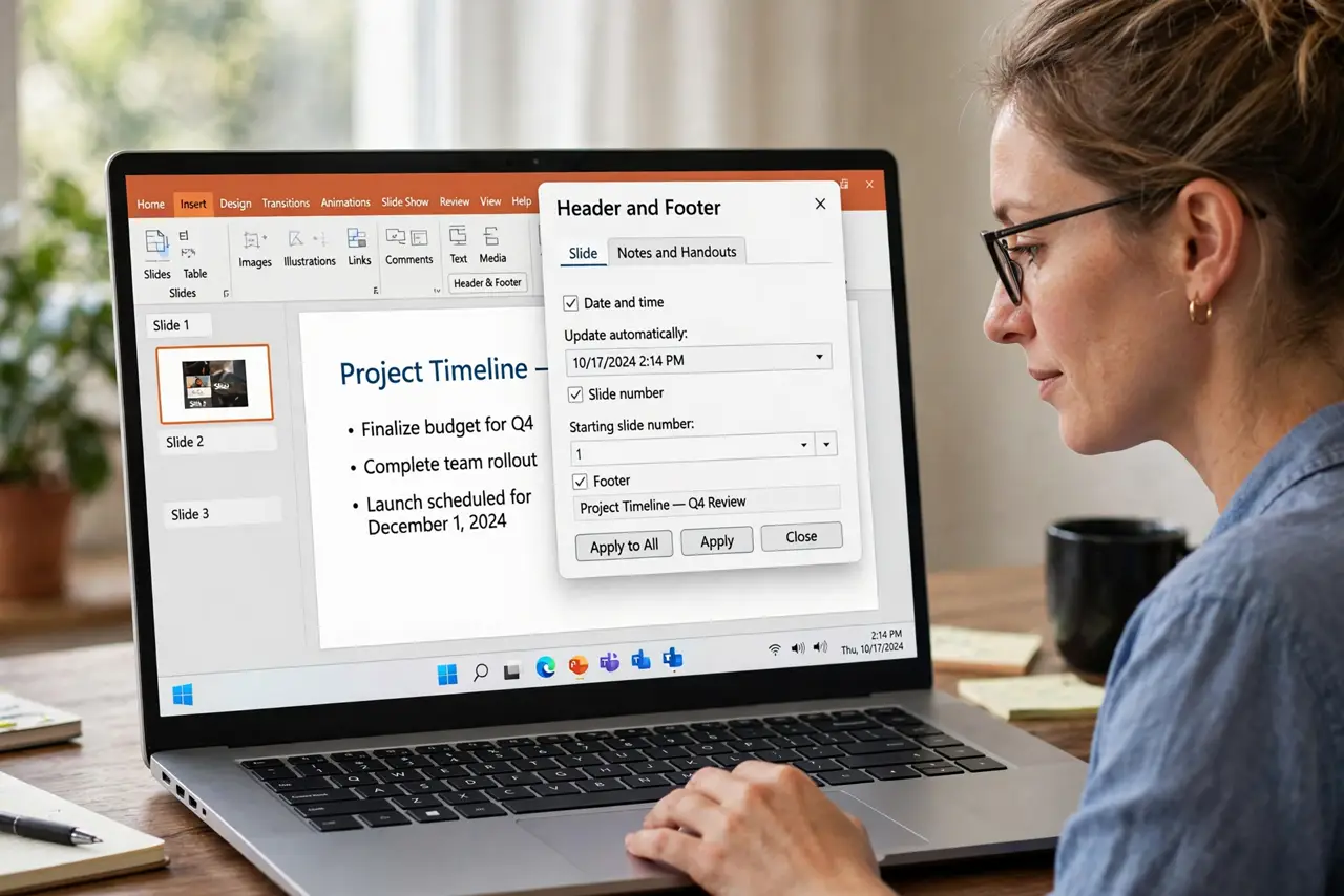 A person performing step 1 of the guide: Open the slide number settings. Go to Insert, then Header and Footer or Slide Number. The starting-number option lives there, not in the...