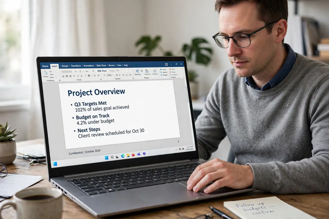 a calm adult at a desk with a real Windows laptop, a presentation open showing a normal slide with a small slide number visible and legible, the person checking the footer
