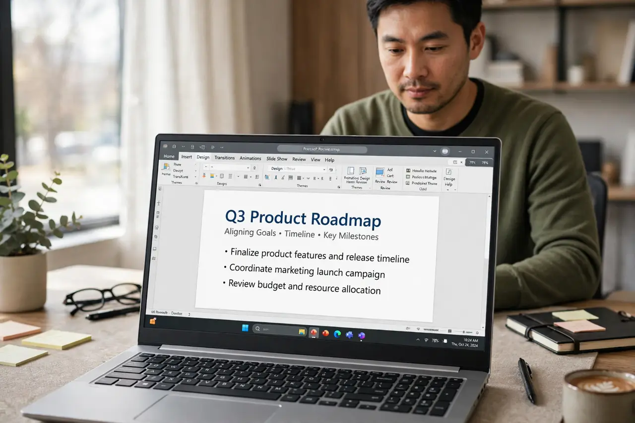 Photorealistic photo: A calm adult at a desk with a real Windows laptop, a presentation open on screen showing a clean title slide, screen text legible.