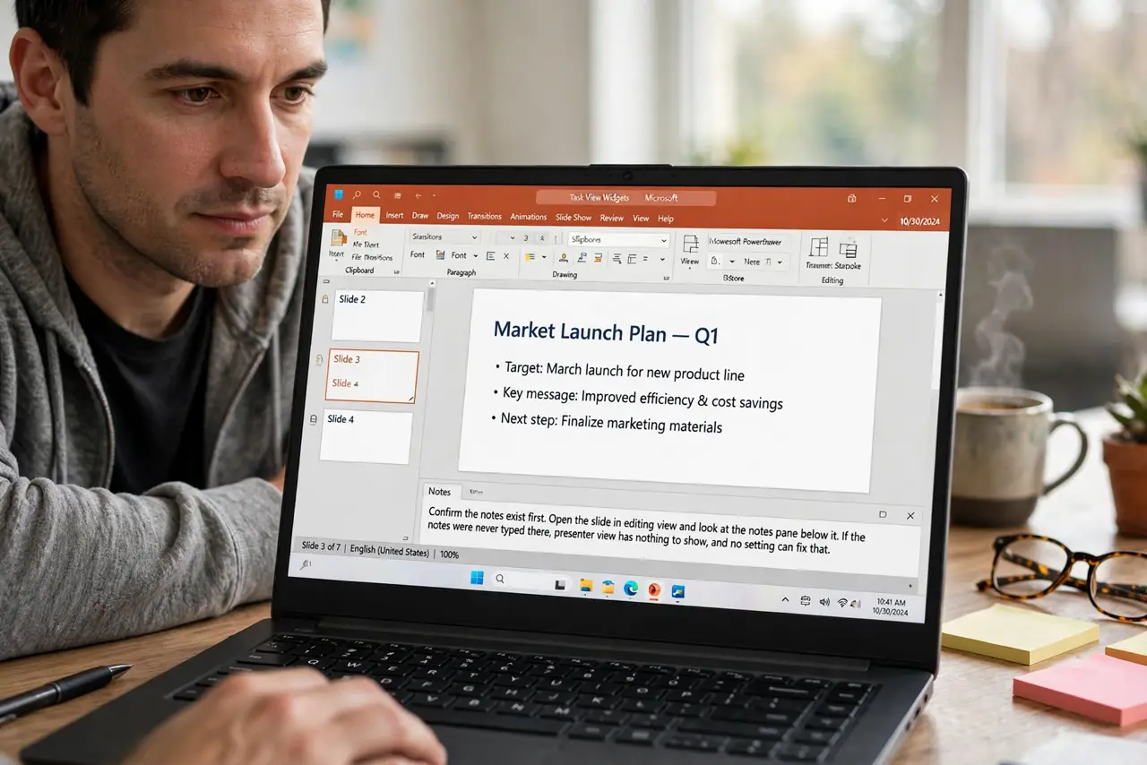 A person performing step 1 of the guide: Confirm the notes exist first. Open the slide in editing view and look at the notes pane below it. If the notes were never typed there,...