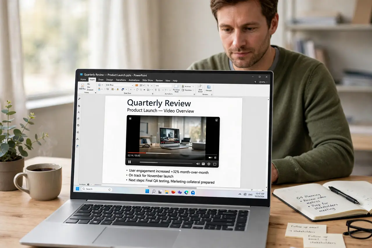 a calm adult at a desk with a real Windows laptop showing a presentation slide with a real video player on the screen, play controls visible and legible. No bla