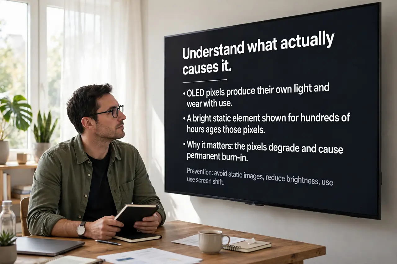 A person performing step 1: Understand what actually causes it. OLED pixels produce their own light and wear with use. A bright static ele.