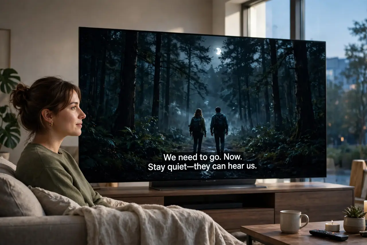 A person watching a real OLED TV showing a vivid varied movie scene with deep blacks and legible subtitles, the room softly lit, the person's face relaxed, evening.