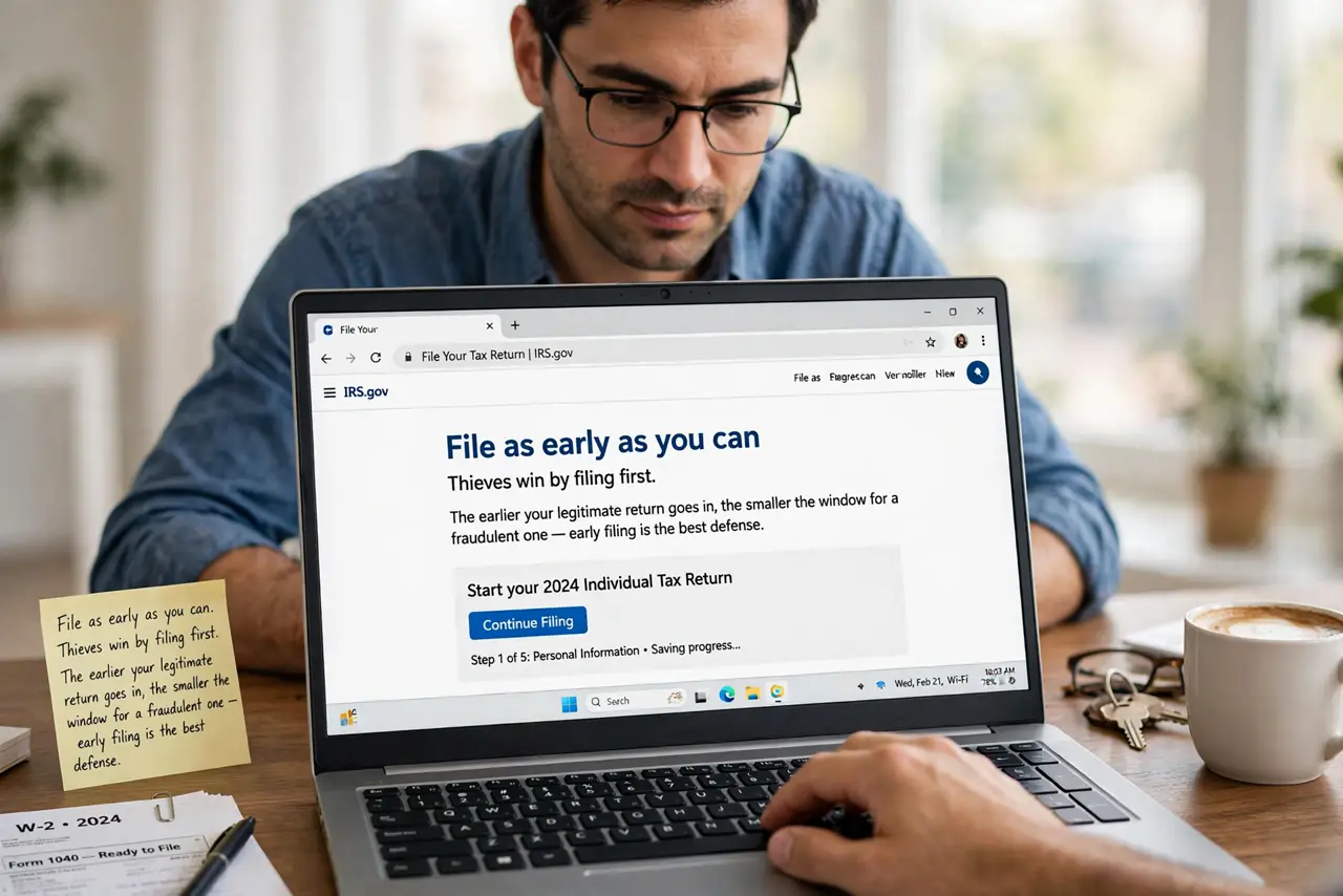 A person performing the guide's first step: File as early as you can. Thieves win by filing first. The earlier your legitimate return goes in, the smaller the window for a fraudulent…