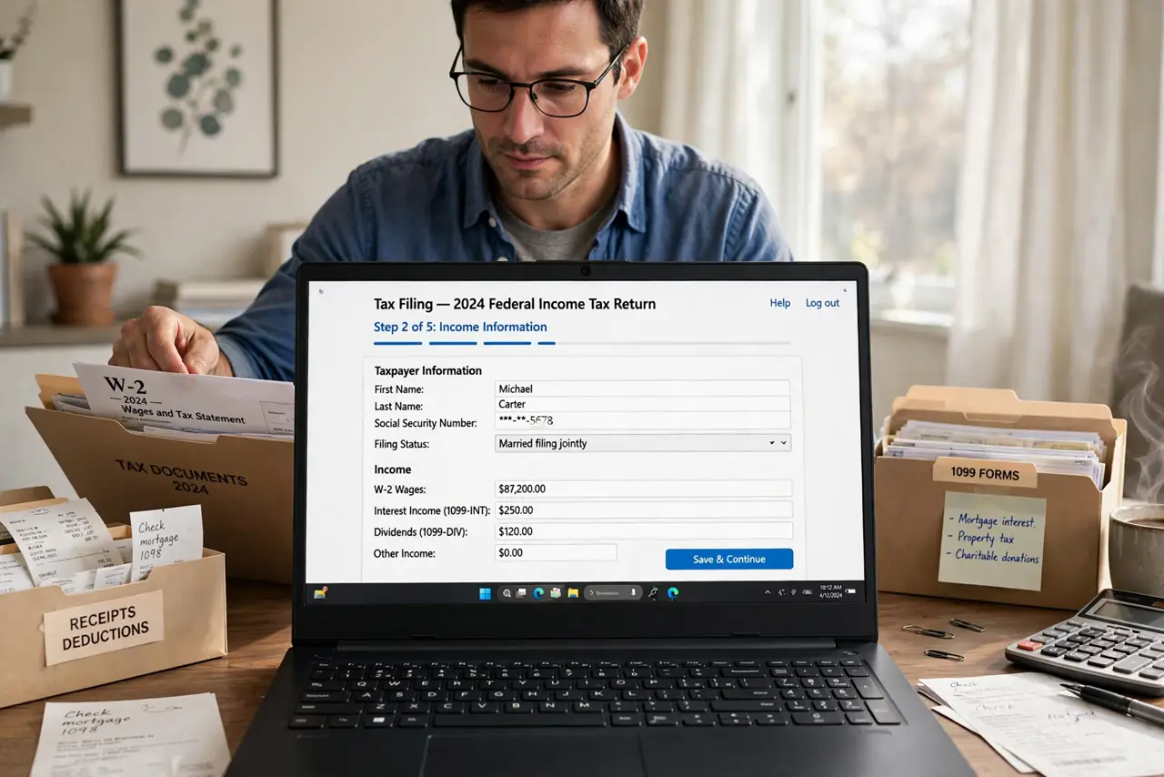 A person at a real desk organizing tax documents in folders, a laptop showing a tax filing screen with legible fields, the person's face careful and methodical, home office.