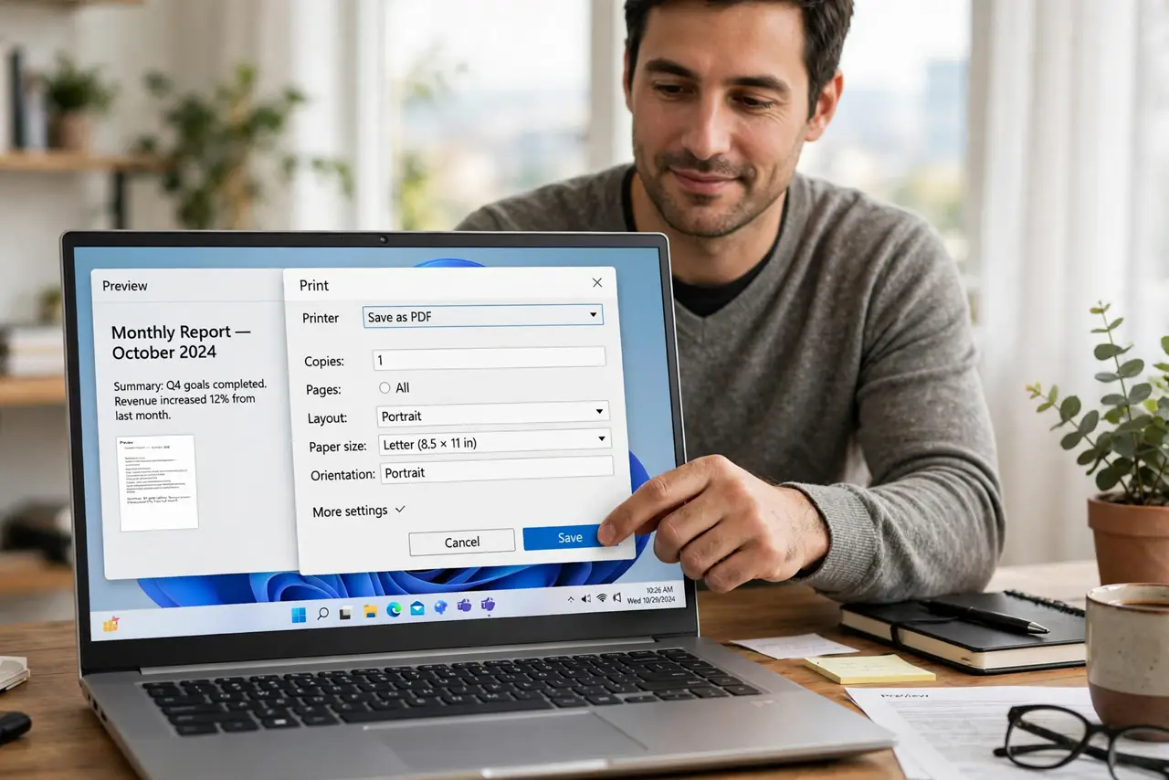 Print to PDF Instead of Paper — a calm adult at a desk with a real laptop showing a print dialog set to Save as PDF, the dialog options fully