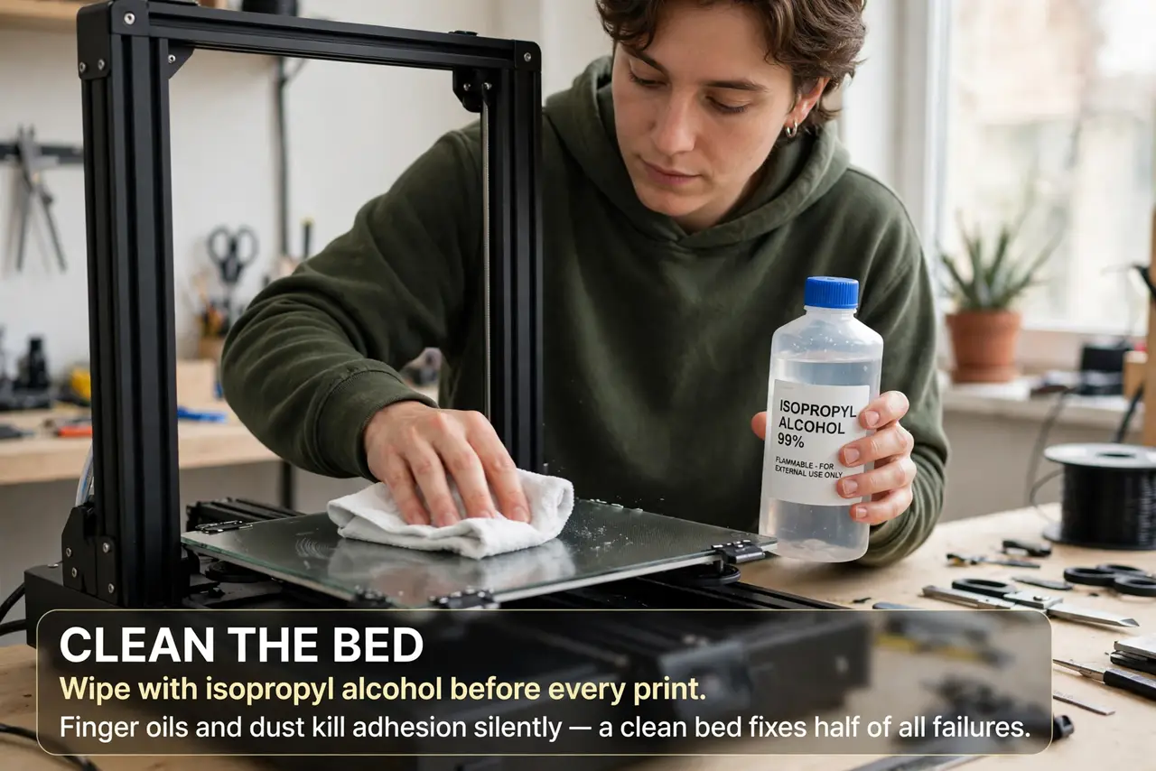 A person performing the first step of the guide: Clean the bed.