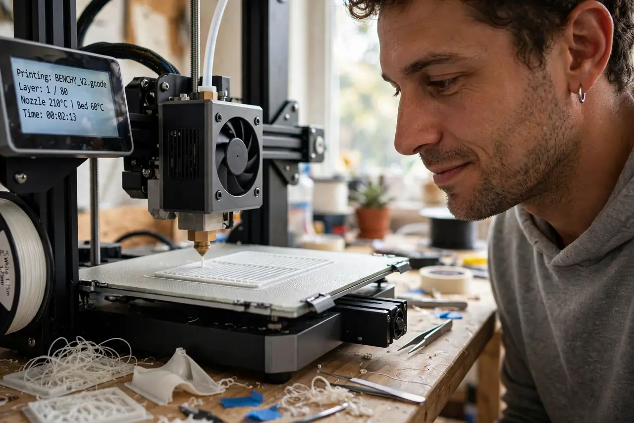 a person watching a real 3D printer laying down a perfect first layer with legible nozzle close-up, the person's face relieved, previously failed prints nearby.