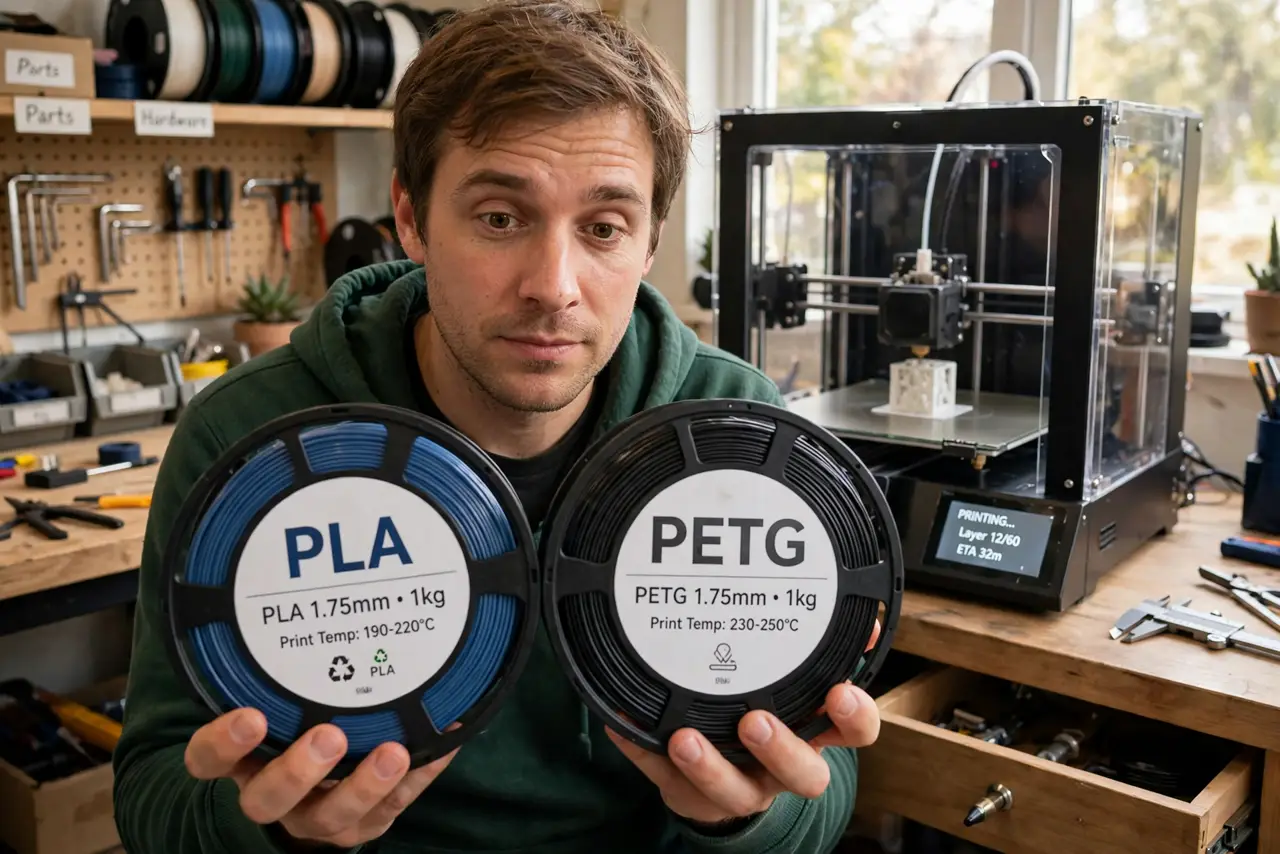 a person holding two real 3D printer filament spools labeled PLA and PETG with legible labels, a 3D printer printing behind, the person's face curious, workshop.