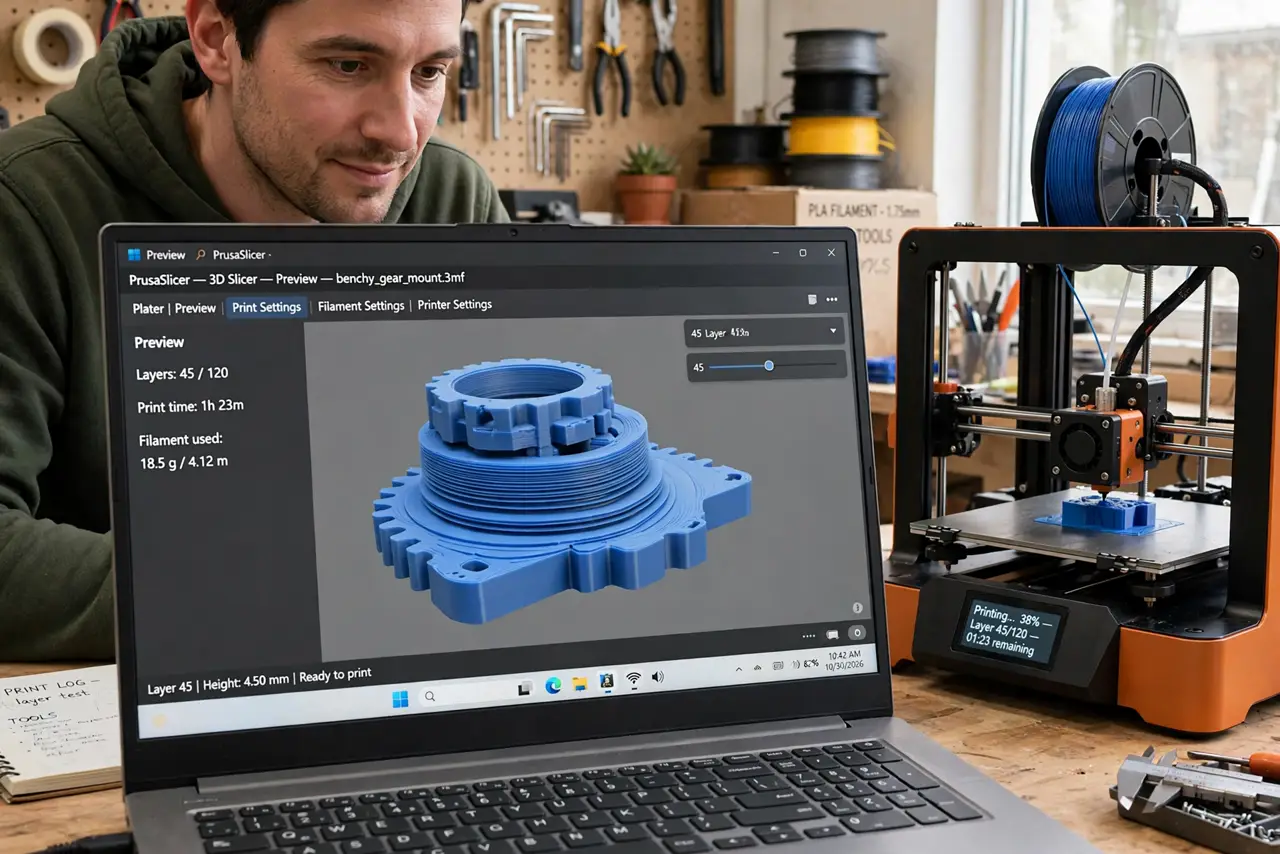 a person watching a real slicer app on a laptop showing a 3D model being sliced into legible layers, a 3D printer beside it starting a print, the person's face fascinated, workshop.