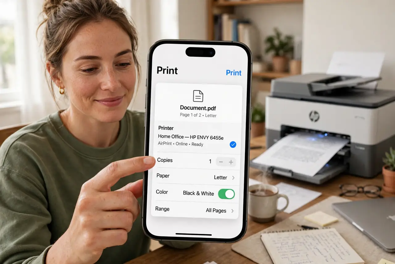 a person tapping Print on a real iPhone showing the AirPrint printer picker with a legible printer name, a real printer nearby starting to print, the person's face satisfied, home office.