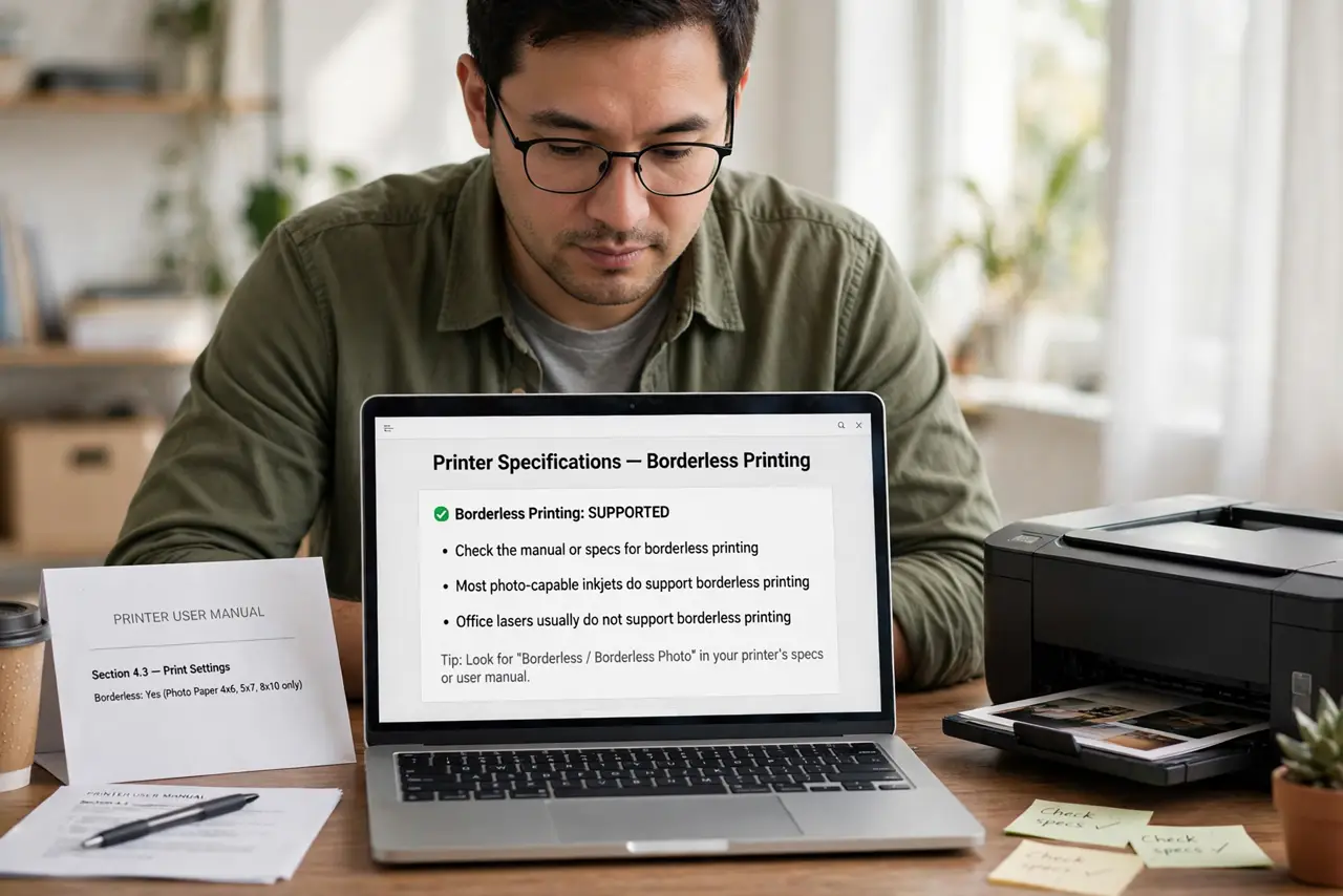 A person performing the first step of the guide: Confirm your printer supports borderless.