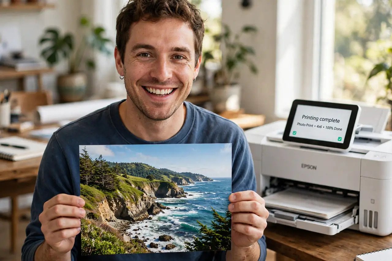 a person holding a real borderless photo print fresh from a printer showing a full-bleed image with no white edges, the person's face delighted, printer behind.