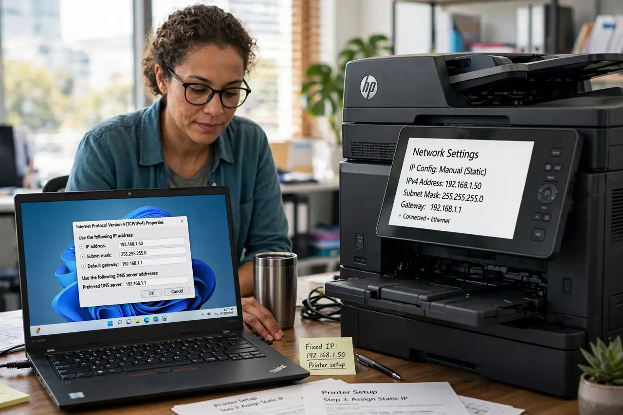 Step 1 in action for Printer Drops Off Wi-Fi Every Week: Give the printer a fixed address.
