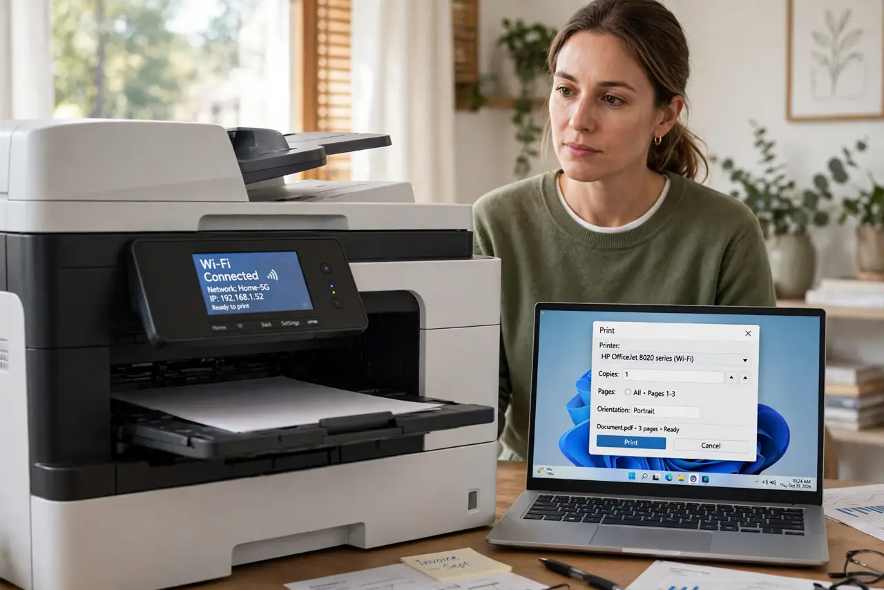 Printer Drops Off Wi-Fi Every Week — a calm adult standing next to a real home printer with its small screen showing a Wi-Fi status fully legible,