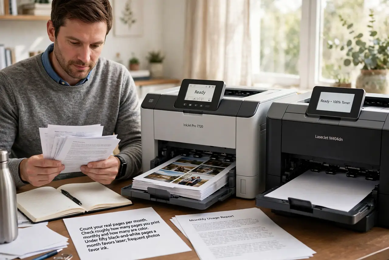 A person performing step 1 of the guide: Count your real pages per month. Check roughly how many pages you print monthly and how many are color. Under fifty black-and-white...