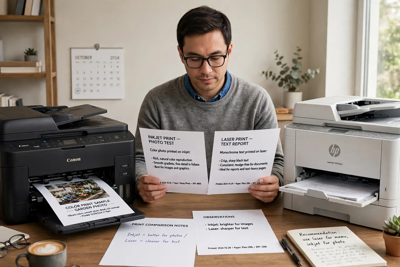 a calm adult at a desk with a real inkjet printer and a real laser printer side by side, printed pages with normal text legible on the desk, the person comparing them