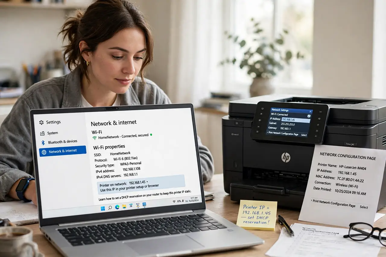 A person performing the first step of the guide: Find the printer's IP address.