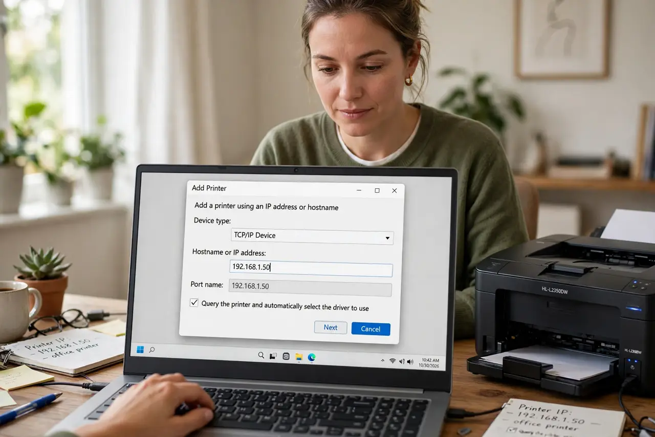 a person typing a printer IP address into a real Add Printer dialog with legible fields on a laptop screen, a network printer nearby, the person's face focused, home office.