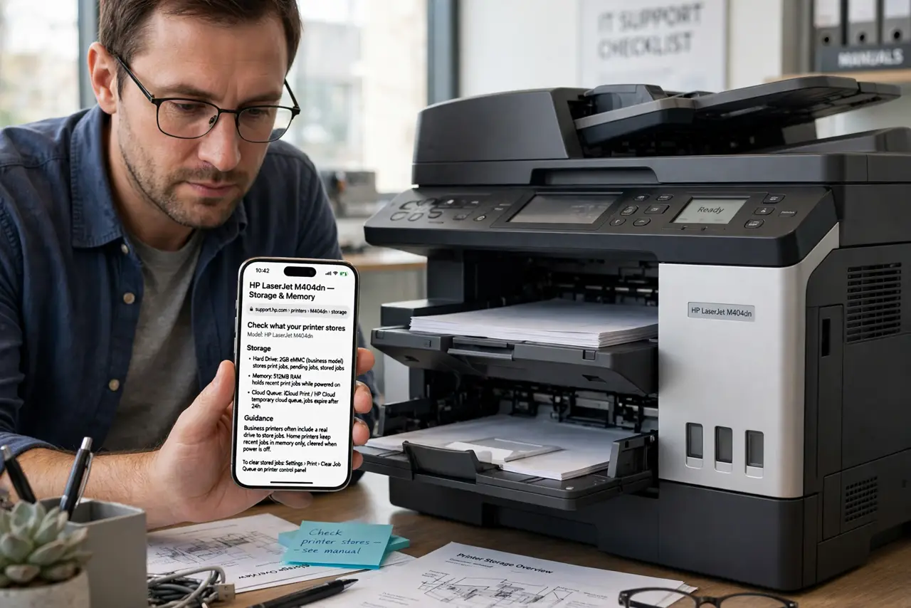 A person performing step 1 of the guide: Check what your printer stores. Look up your model's manual for hard drive, memory, or cloud queue storage. Business printers often have...
