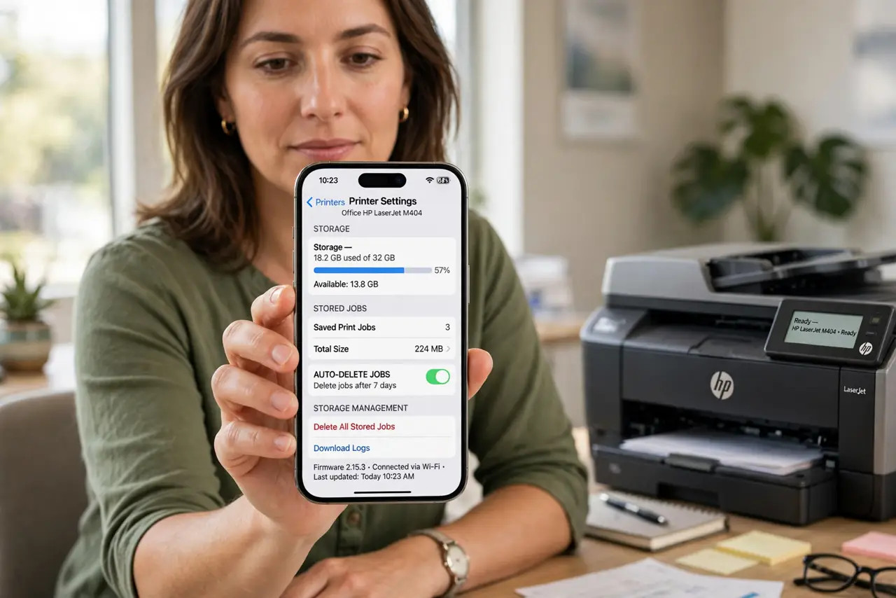a calm adult at a desk beside a real office printer, holding a real iPhone showing the printer's normal settings screen with a storage option and legible text