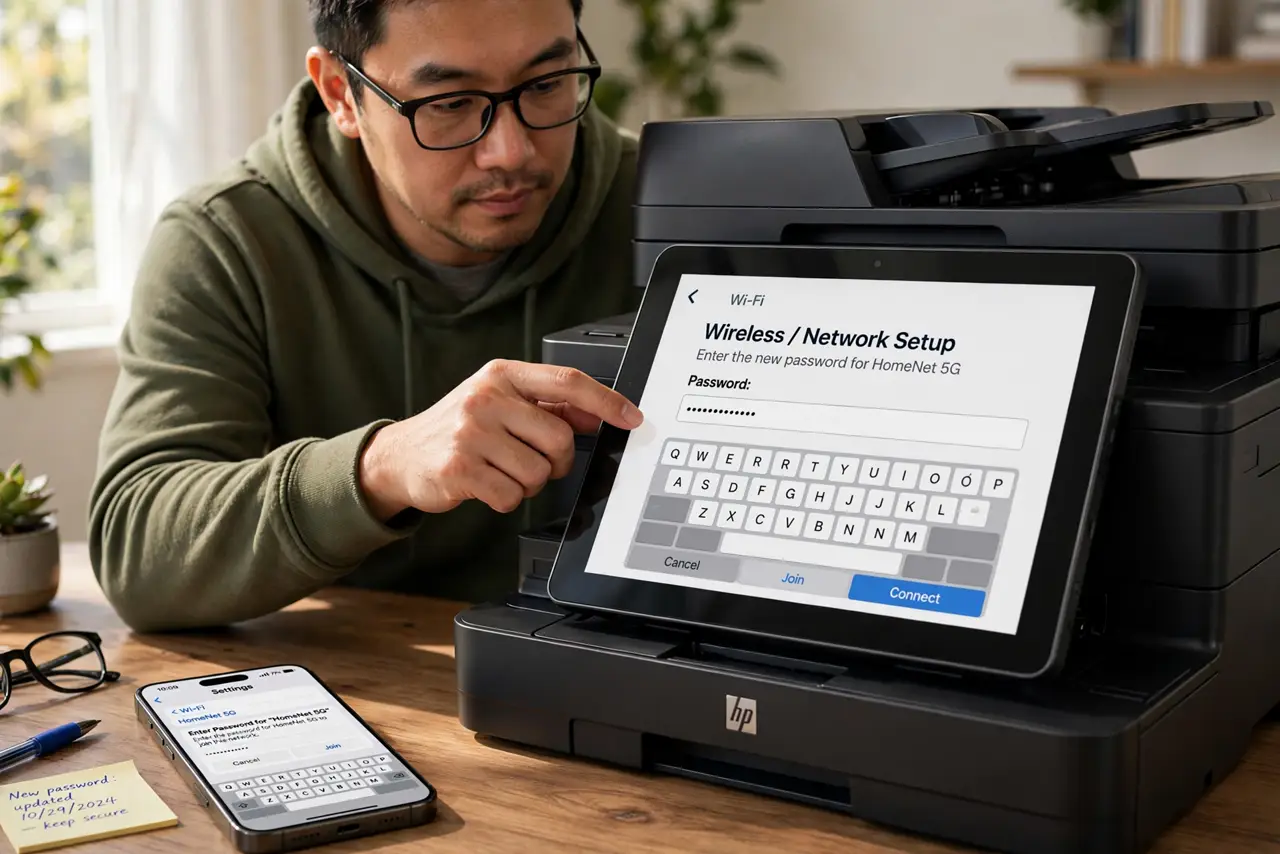 A person performing step 1 of the guide: Enter the new password on the printer. Use the printer's display panel to open wireless or network setup and type the new password. The printer cannot learn the new password from y...