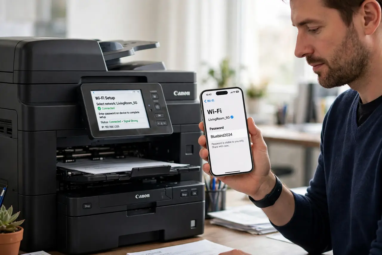 a calm adult standing by a real printer with its small display showing a Wi-Fi setup screen with legible text, holding a phone with the Wi-Fi password visible. No black screen, no blank white screen, no fake or garble...