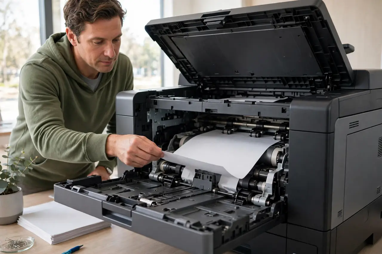 A calm adult carefully removing a jammed sheet from a real laser printer with the front cover open, the paper path visible, the person focused and gentle.