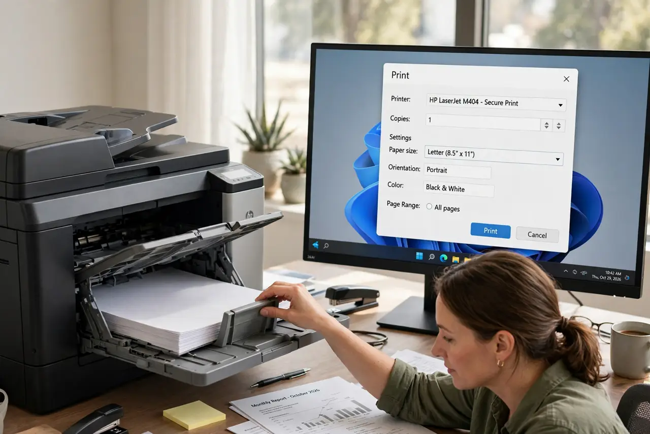 A calm adult at a desk adjusting the paper guides in a real printer's paper tray, a computer screen showing a print dialog with legible paper size settings.