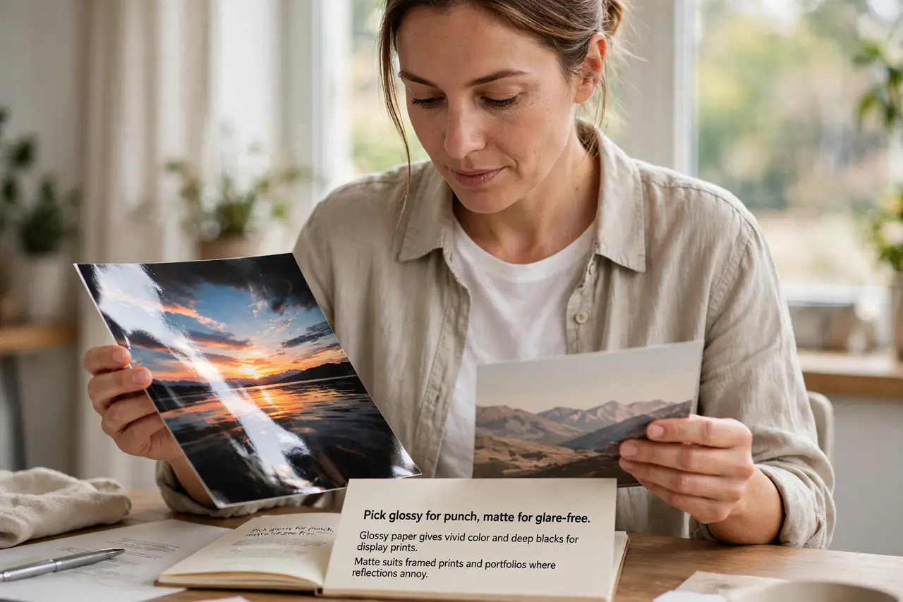 A person performing the first step of the guide: Pick glossy for punch, matte for glare-free.