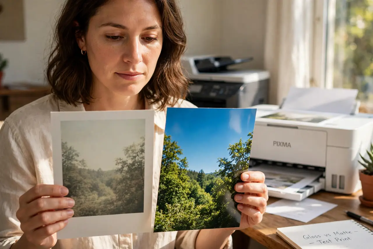 a person comparing two real photo prints side by side, one on plain paper looking dull and one on glossy photo paper looking vivid, the person's face enlightened, printer behind.