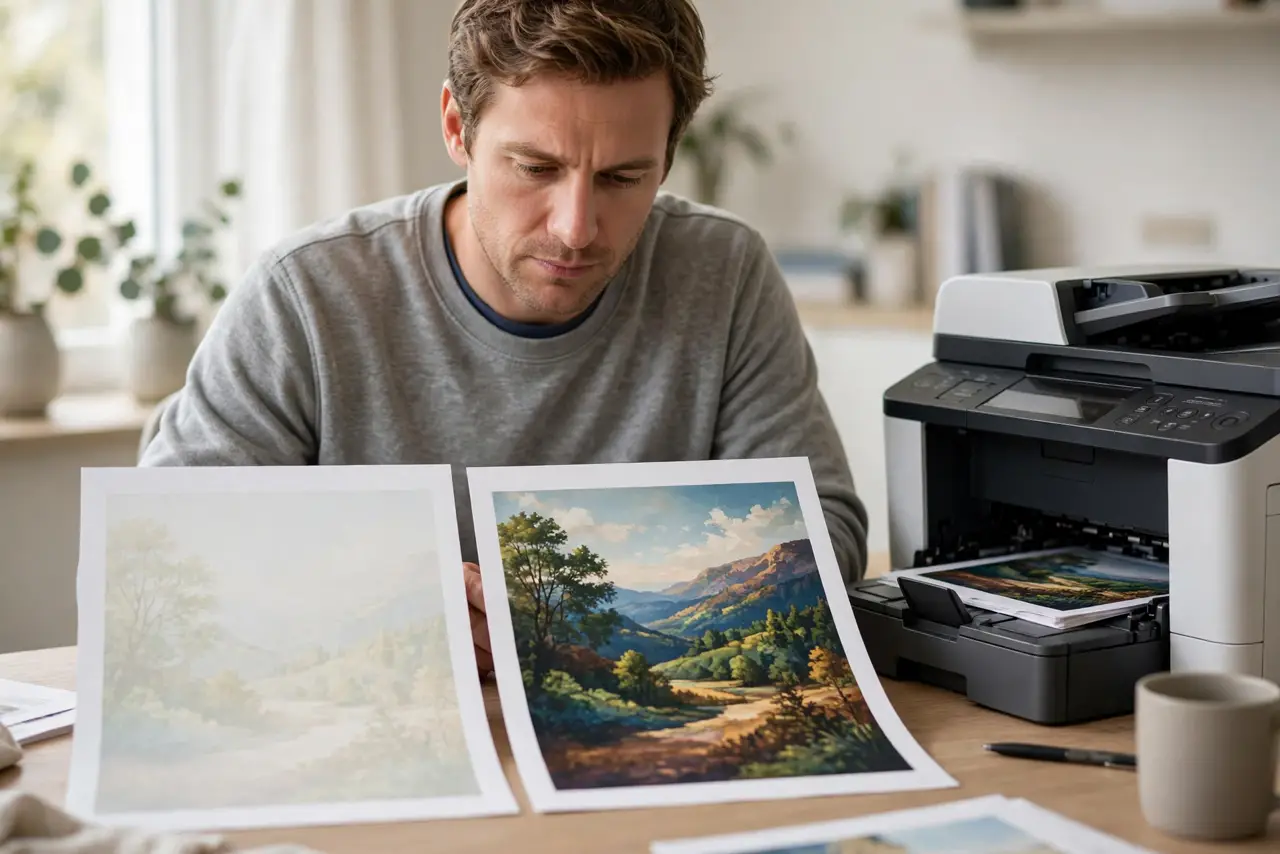 A calm adult comparing two printed pages side by side — one pale, one rich — next to a real printer, looking thoughtfully at the difference.
