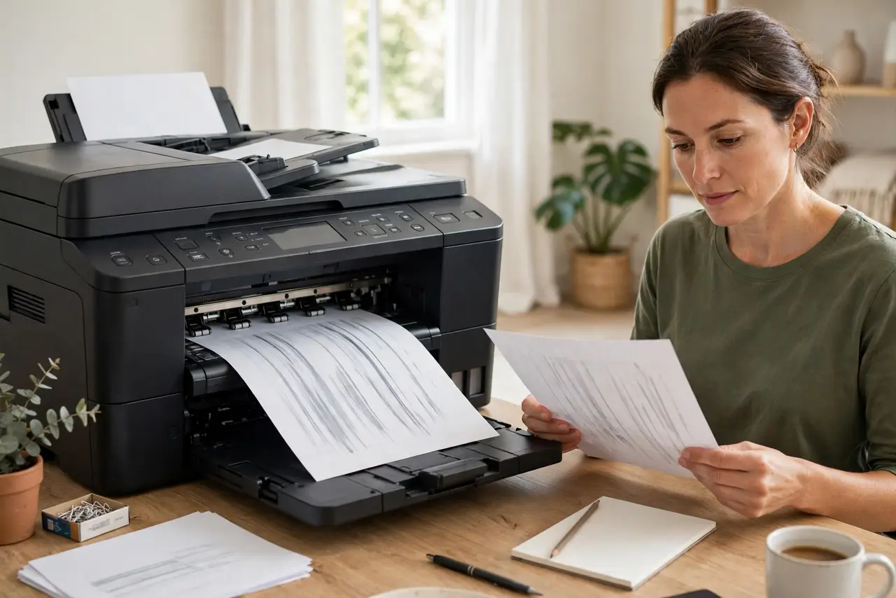 A calm adult at a home office desk beside a real inkjet printer printing a test page, the person examining a printed page with visible streak lines, composed expression.