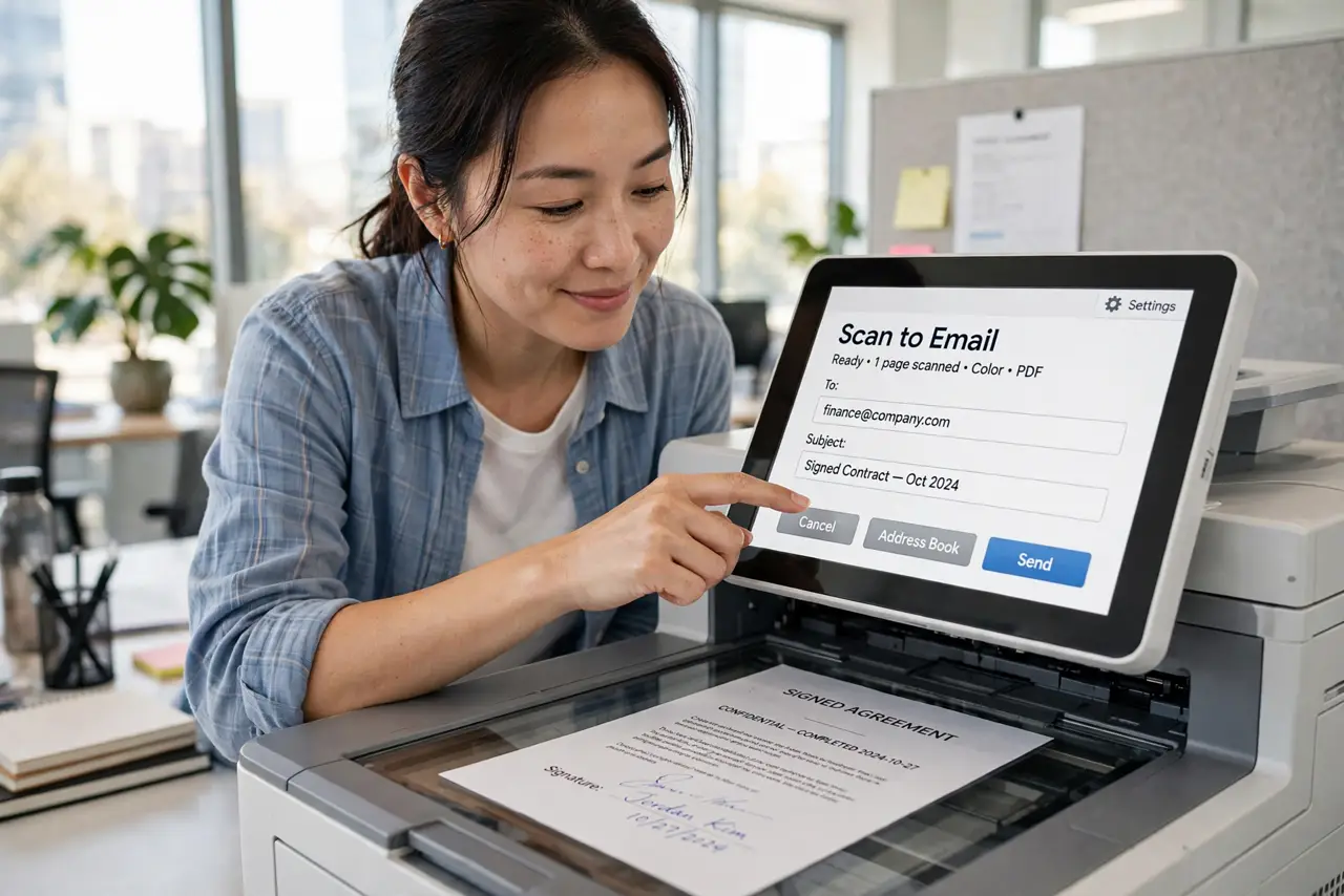a person tapping the touchscreen of a real office printer showing a Scan to Email screen with legible buttons, a signed paper on the scanner glass, the person's face relieved, bright office.