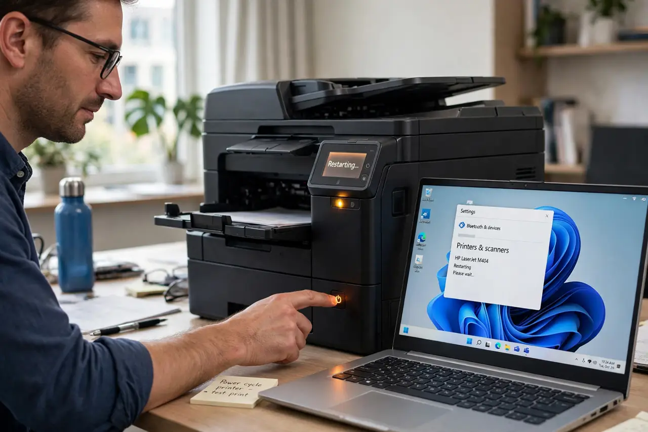 A calm adult restarting a printer by pressing its power button, a Windows laptop nearby.