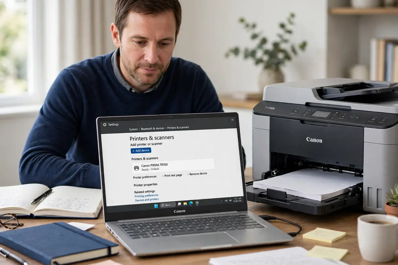 A calm adult at a desk next to a printer and a Windows laptop showing the Printers and scanners page.