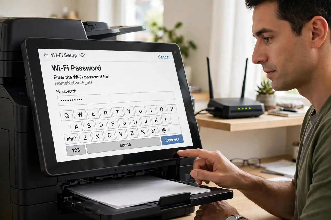 A calm adult entering the Wi-Fi password on a real printer's touchscreen with legible text, a router visible on a nearby shelf, the person focused.