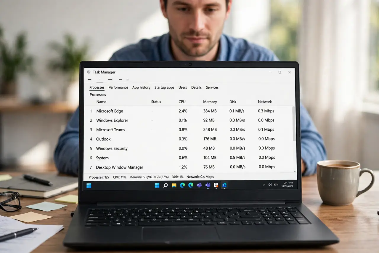 a calm adult at a desk with a real Windows laptop, the Windows Task Manager window clearly visible and legible on the real laptop screen.