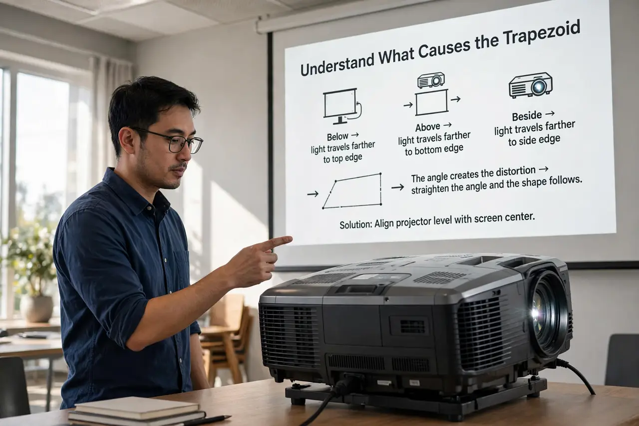 A person performing the first step of the guide: Understand what causes the trapezoid. When the projector sits below, above, or beside the screen's center, the.