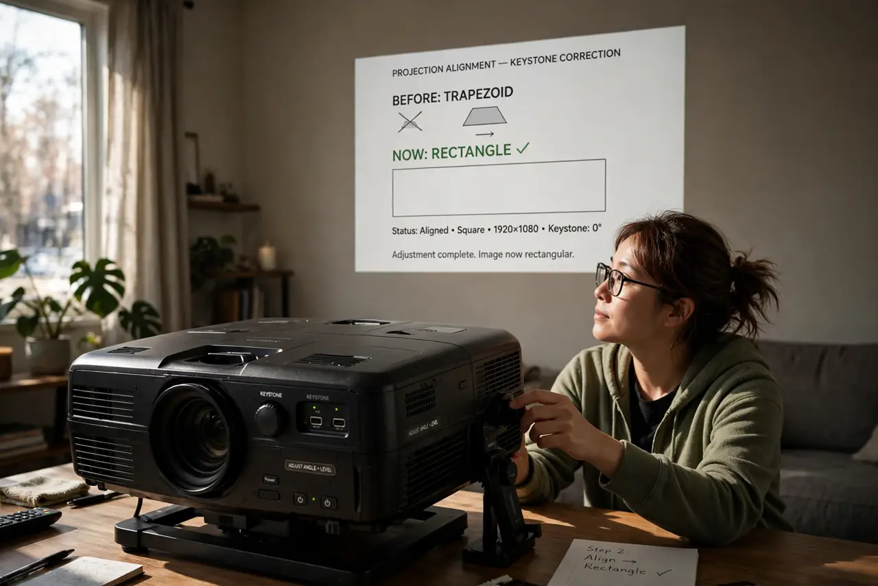 A person adjusting a real projector's angle on a table while looking at a projected image on a wall changing from trapezoid to rectangle, the.