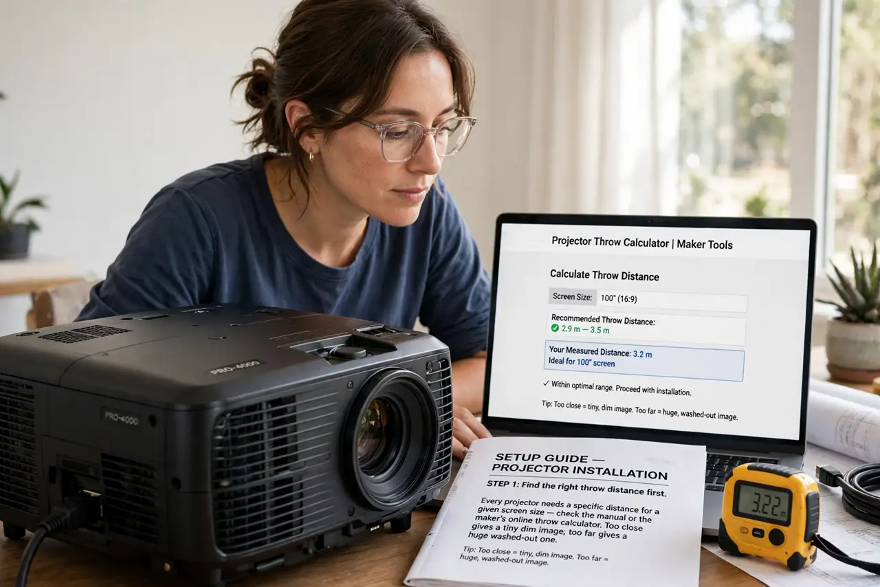 A person performing the first step of the guide: Find the right throw distance first. Every projector needs a specific distance for a given screen size — check.
