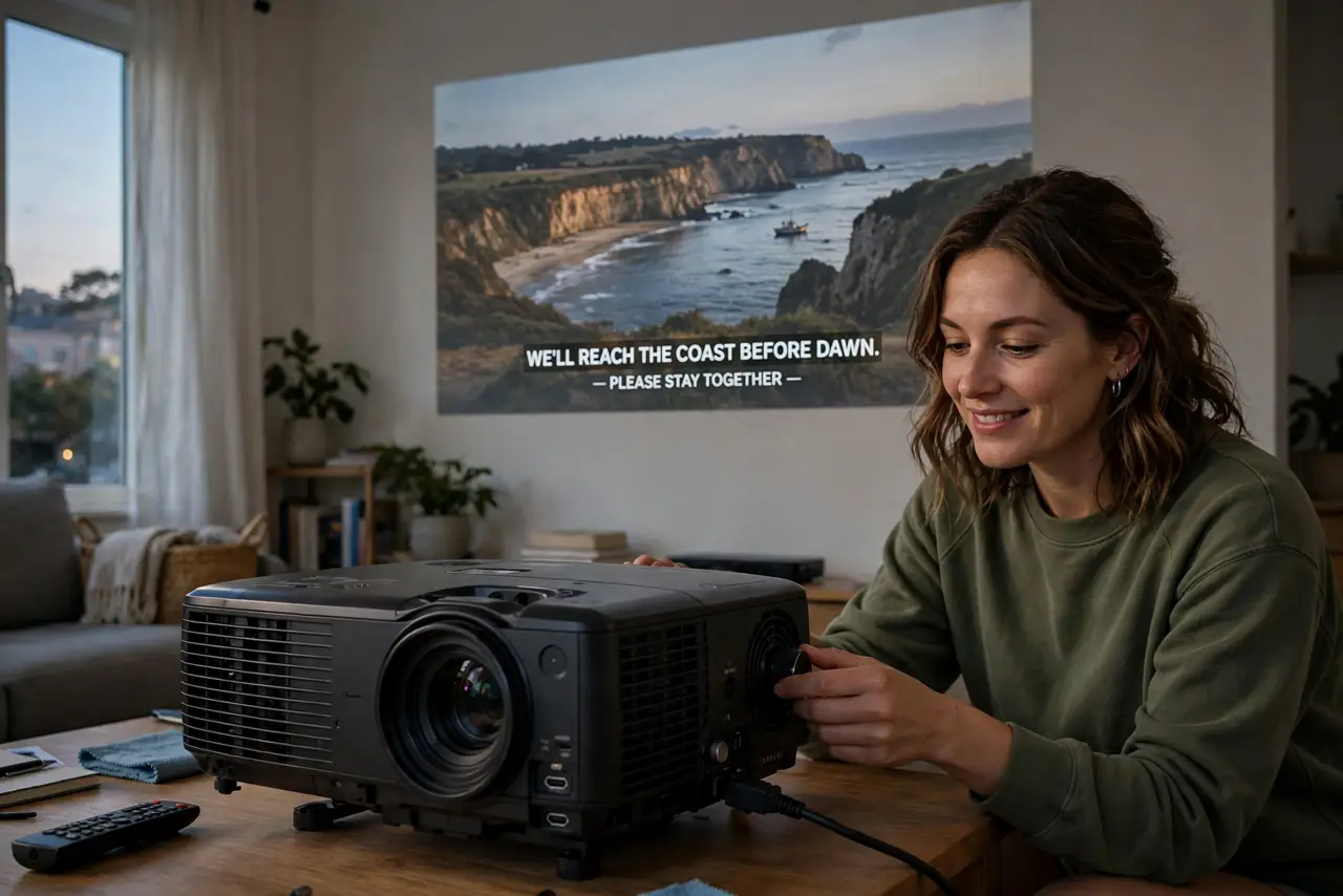 A person adjusting a real projector on a coffee table, a large clear movie image projected on a white wall with legible subtitles, the room dimmed.