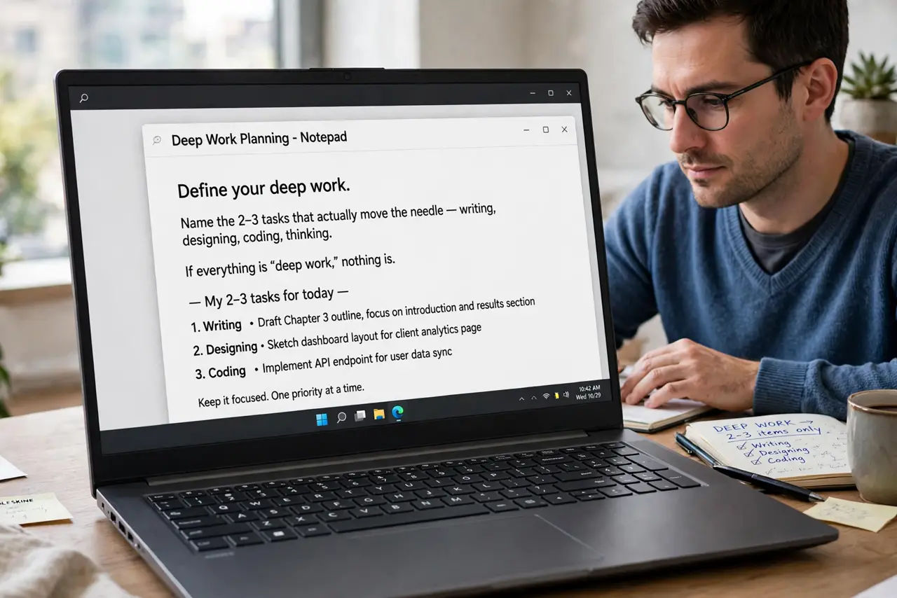 A person performing step 1: Define your deep work. Name the 2–3 tasks that actually move the needle — writing, designing, coding, thinking.