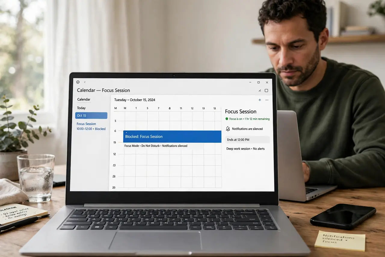 A person working deeply on a real laptop in a quiet room, phone face-down and notifications silenced, a calendar on screen showing a blocked focus session, the person's.